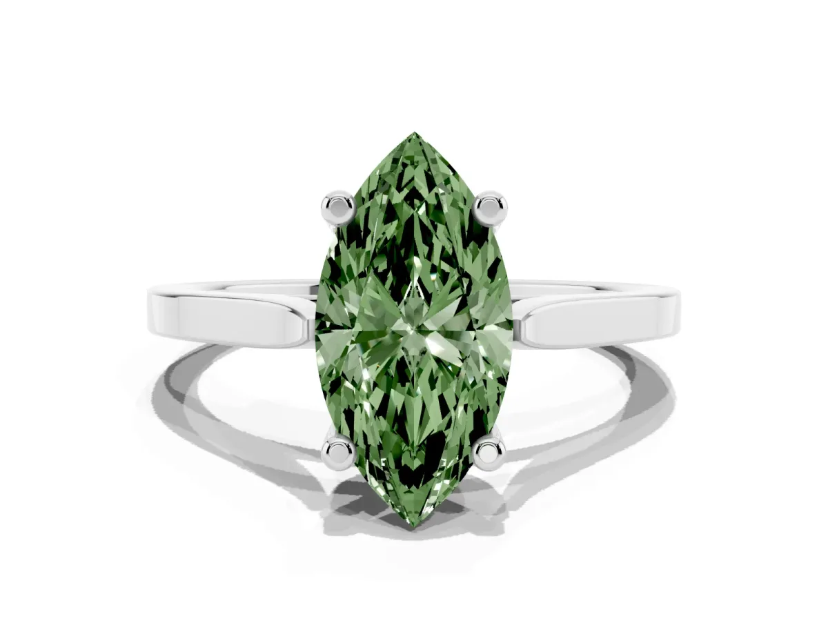 Fancy Green Marquise Cut Solitaire Diamond Ring with Four-Prong Setting and Tapered Band Platinum