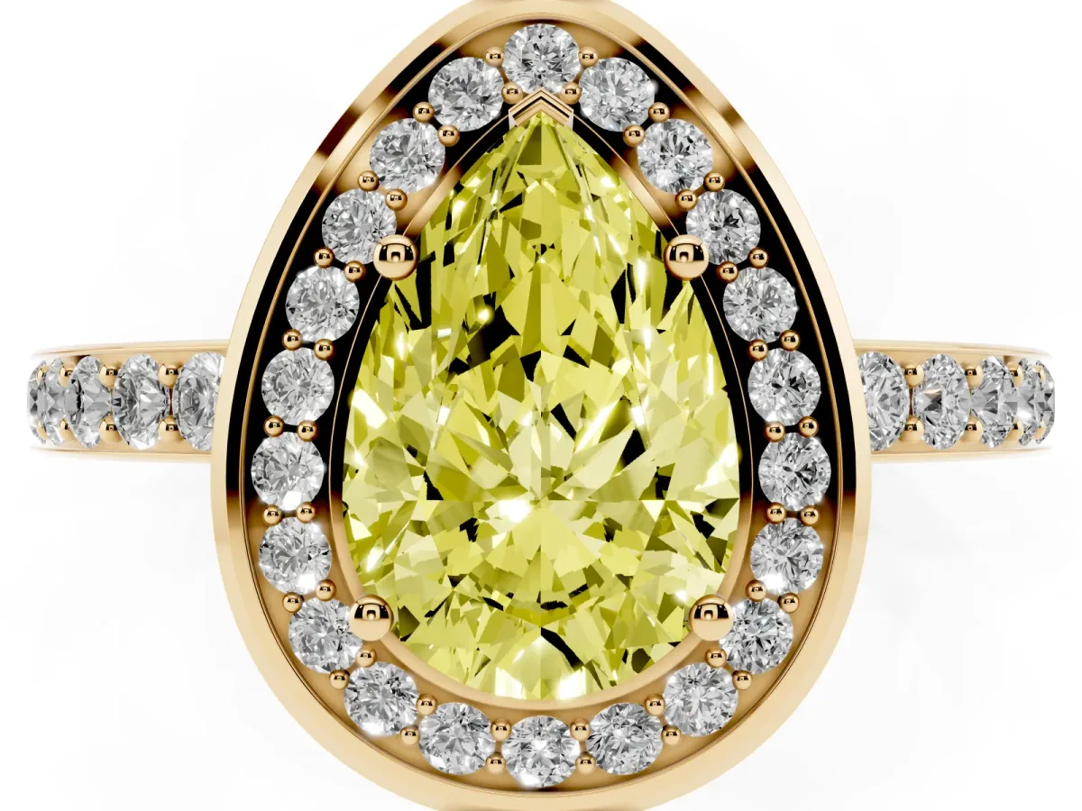 Fancy Yellow Pear Cut Diamond Halo Ring with Bezel Frame and Pavé Band Yellow gold