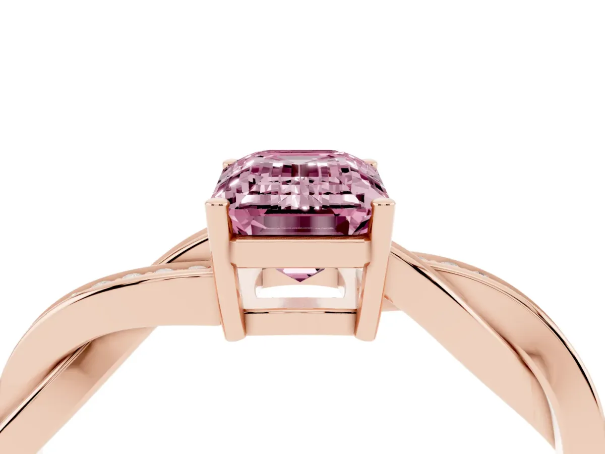 Fancy Pink Emerald Cut Solitaire Twisted Pave Diamond Ring with Four-Prong Setting Rose gold