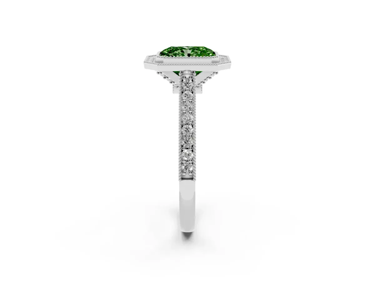 Fancy Green Halo Radiant Cut-Cut Diamond Pave Band Milgrain Prong Setting Ring Platinum