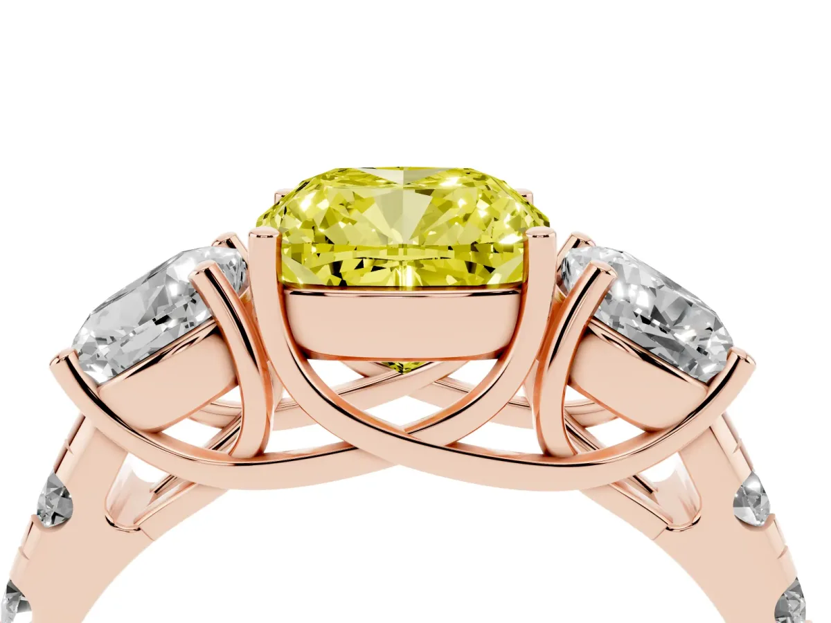 Fancy Yellow Three-Stone Cushion Cut Diamond Pavé Band with Prong Setting Rose gold