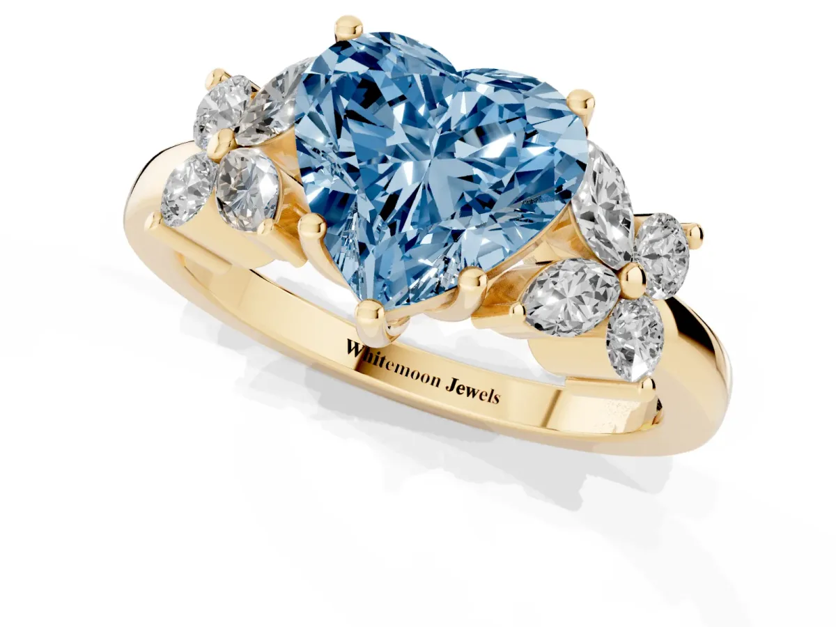 Fancy Blue Heart Cut Diamond Floral Cluster Ring with Solitaire Band and Prong Setting Yellow gold