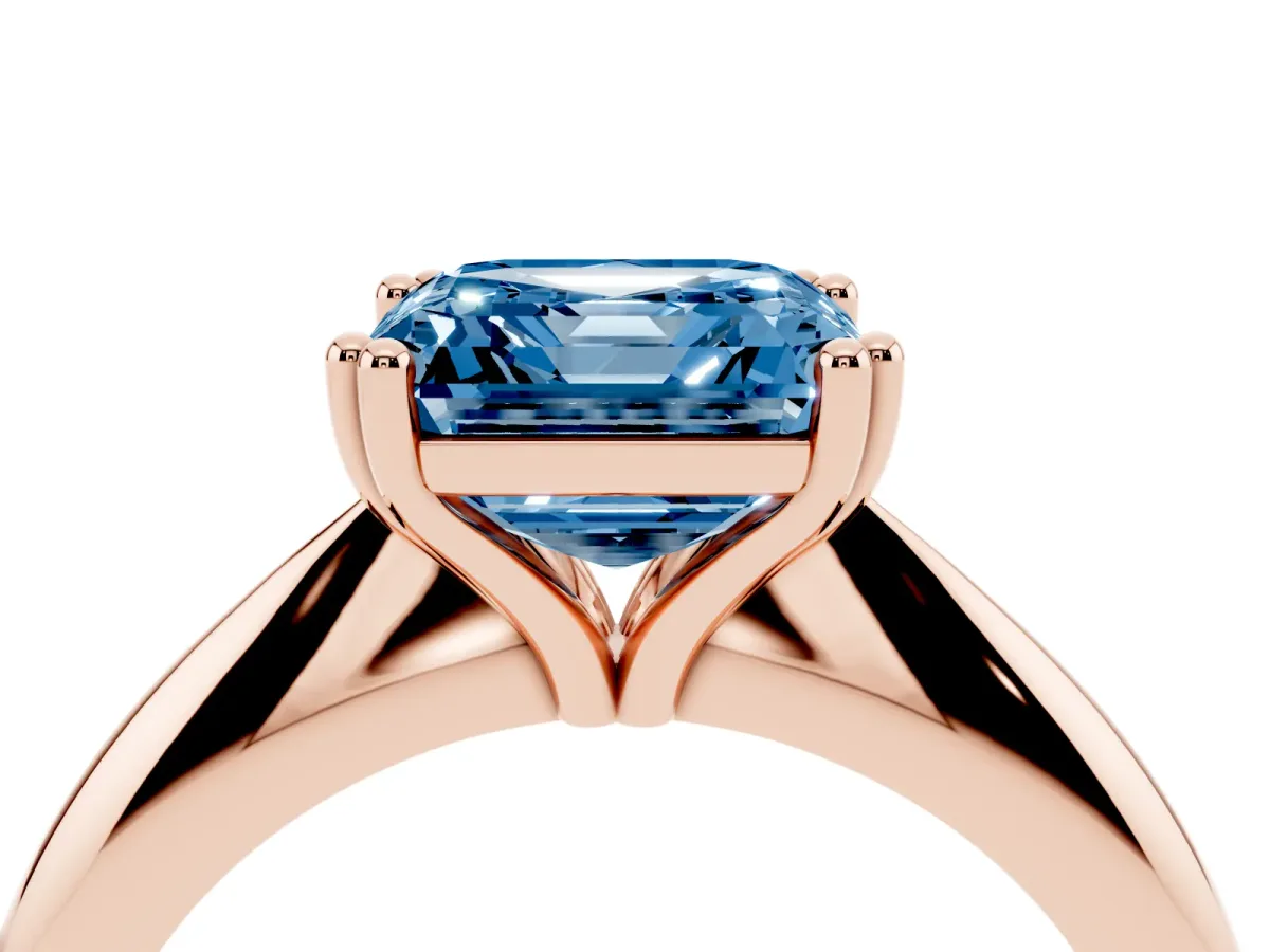 Fancy Blue Asscher Cut Cut Solitaire Engagement Ring with Tapered Band and Four-Prong Setting Rose gold