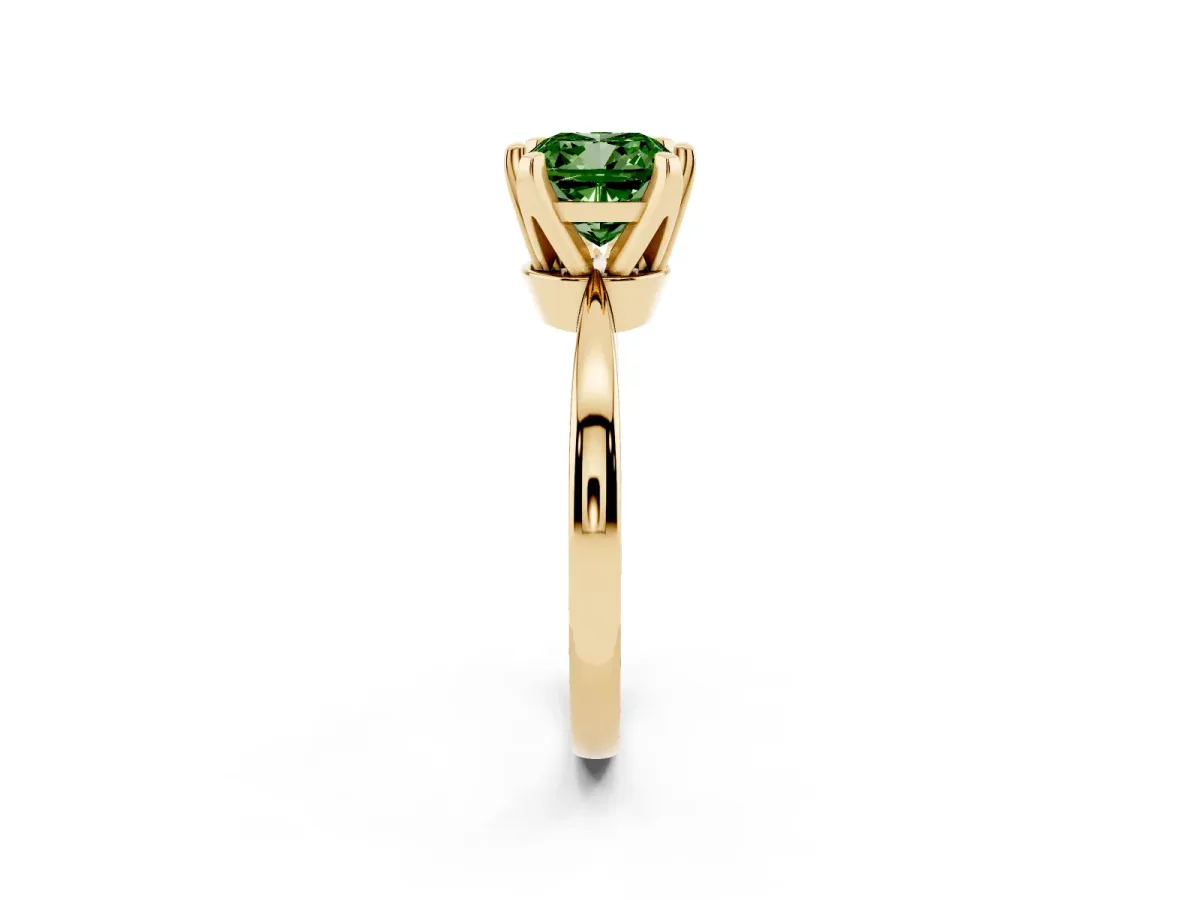 Fancy Green Cushion Cut Solitaire Engagement Ring with Six-Prong Setting and Tapered Band Yellow gold