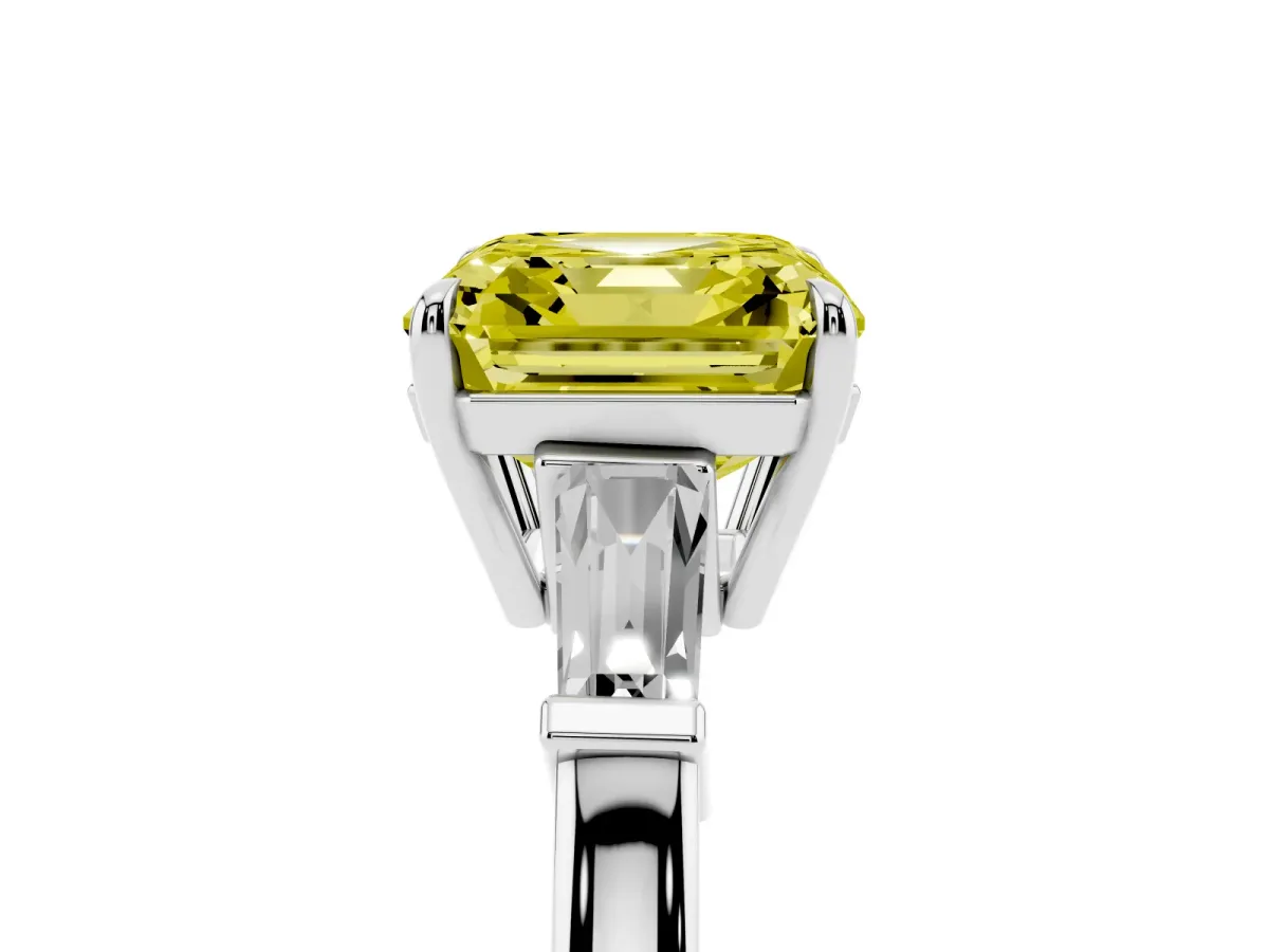 Fancy Yellow Asscher Cut Diamond Three-Stone Ring with Tapered Baguette Side Stones and Prong Setting Silver