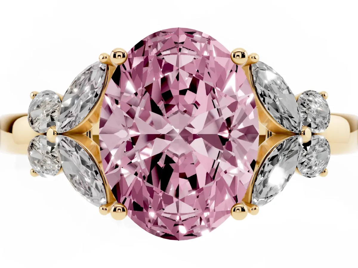 Fancy Pink Oval Cut Cut Solitaire Floral Diamond Ring with Four-Prong Setting Yellow gold