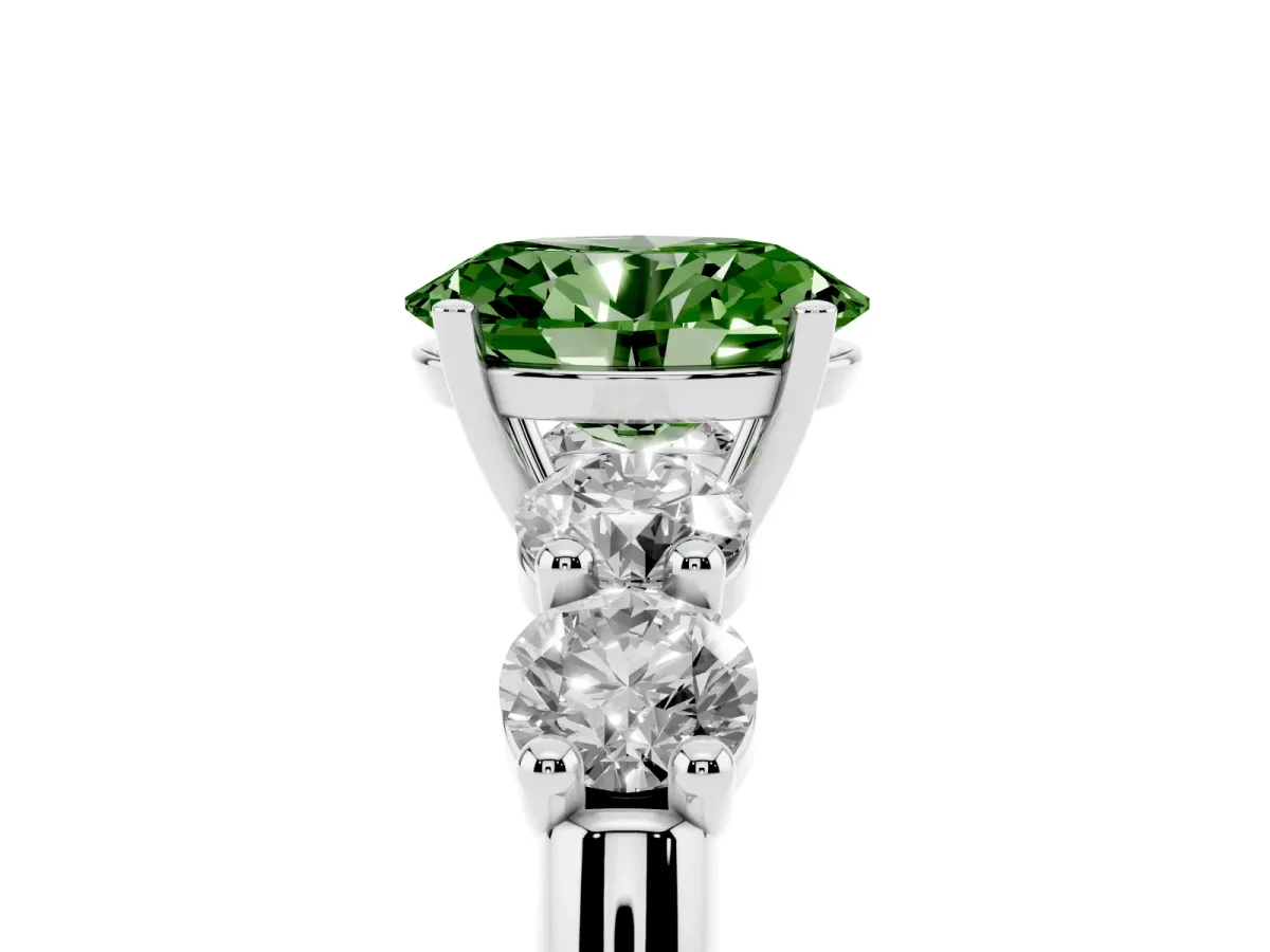 Fancy Green Oval Cut Cut Five-Stone Prong Set Diamond Ring with Classic Band Platinum