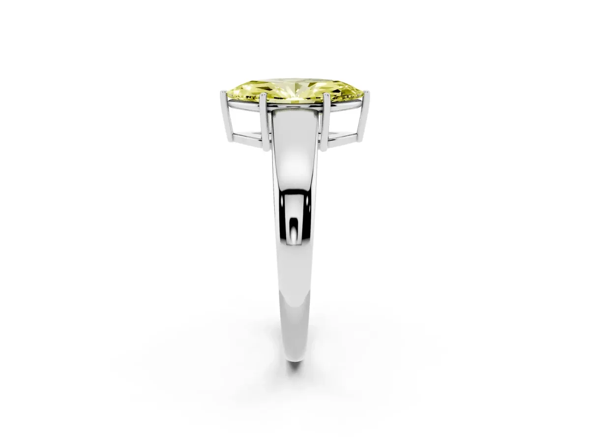 Fancy Yellow Marquise Cut Solitaire Diamond Ring with Tapered Band and Four-Prong Setting Platinum