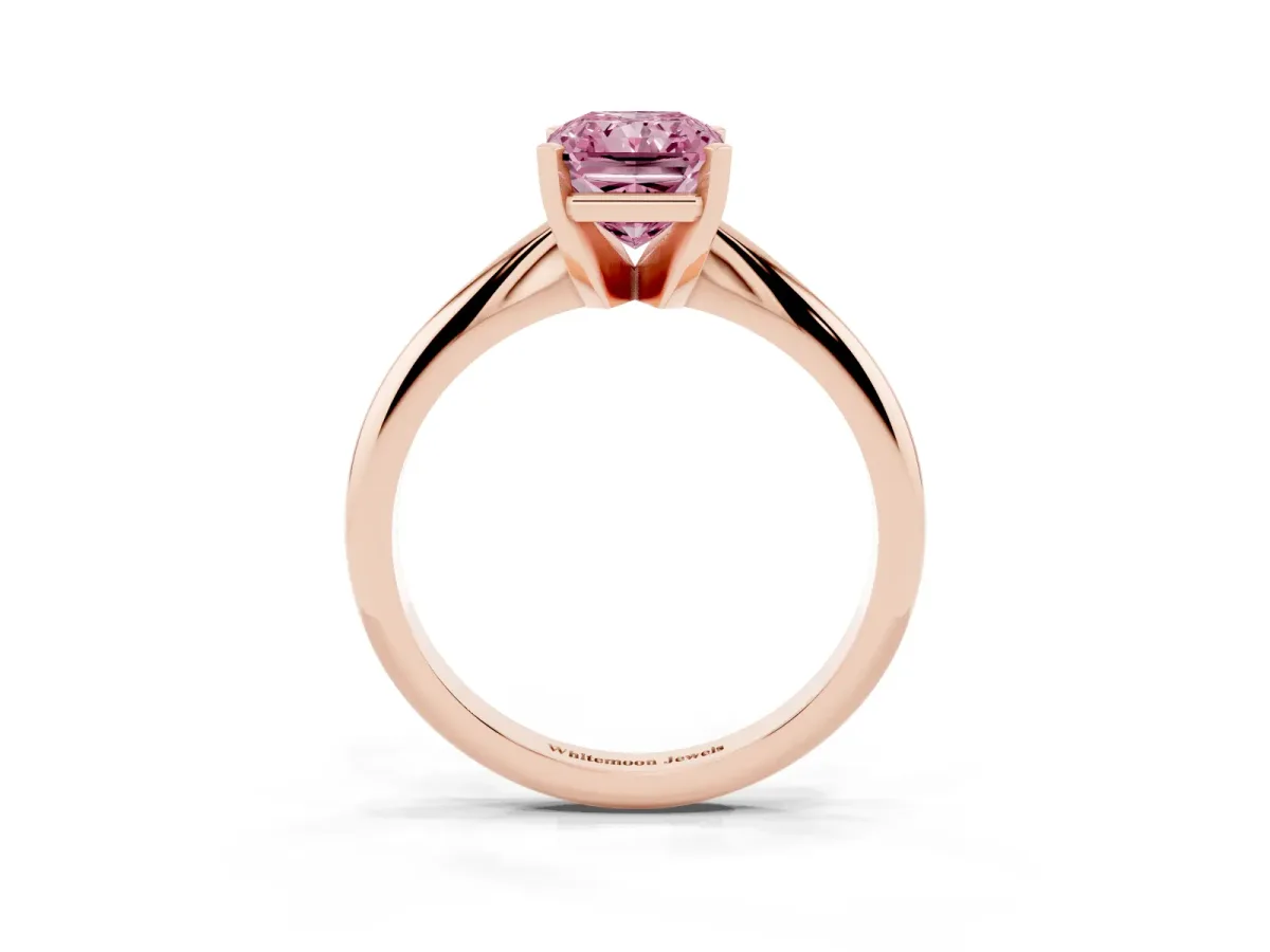 Fancy Pink Radiant Cut Cut Solitaire Ring with Four-Prong Setting on a Classic Band Rose gold
