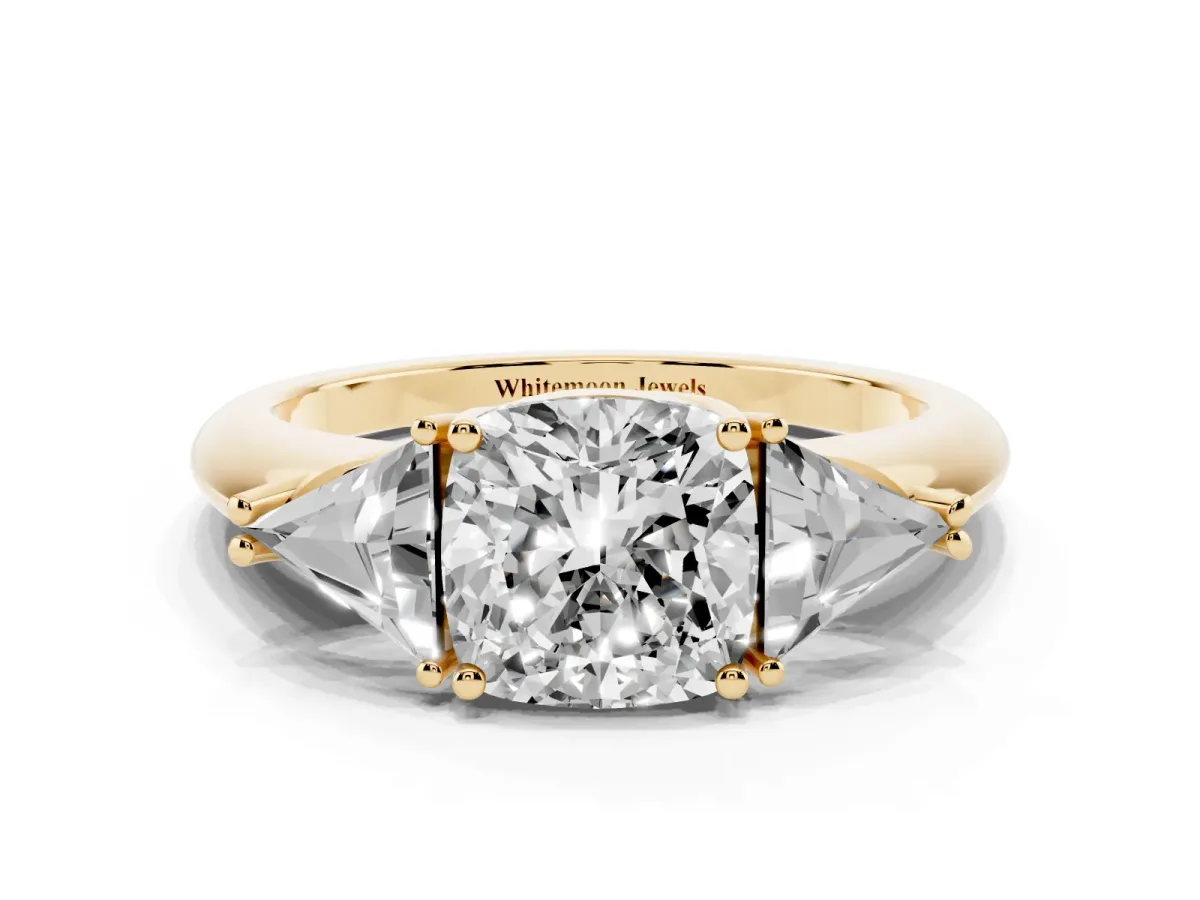 Three-Stone Cushion Cut Diamond Engagement Ring with Trillion Side Stones and Prong Setting Yellow gold