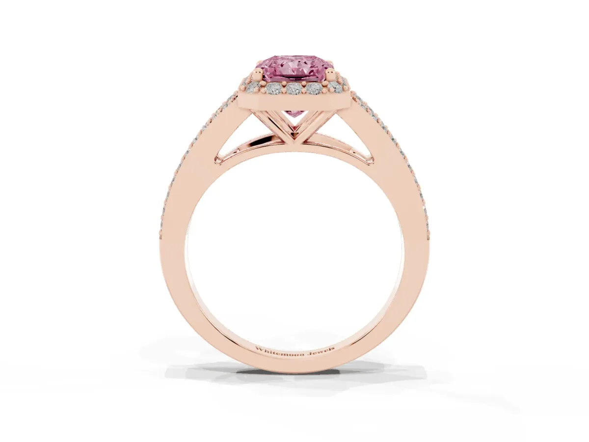 Fancy Pink Radiant Cut Halo Split Shank Pave Diamond Ring with Four-Prong Setting Rose gold