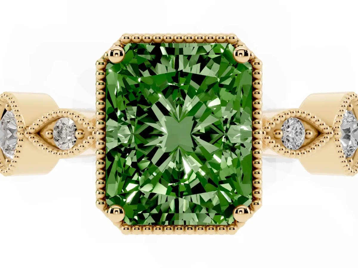 Fancy Green Radiant Cut Diamond Vintage Milgrain Ring with Round Stations Yellow gold