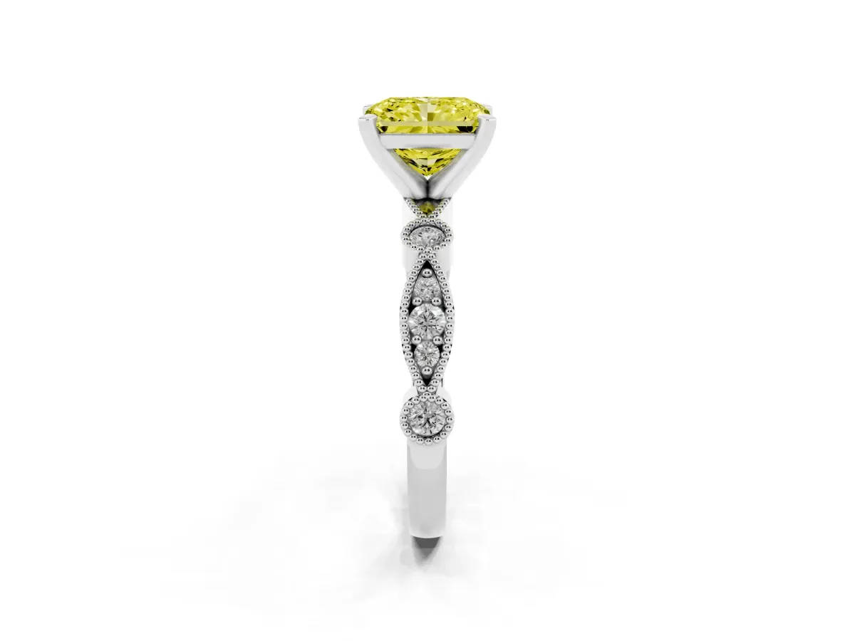 Fancy Yellow Radiant Cut Milgrain Bezel Diamond Engagement Ring with Solitaire Prong Setting Silver