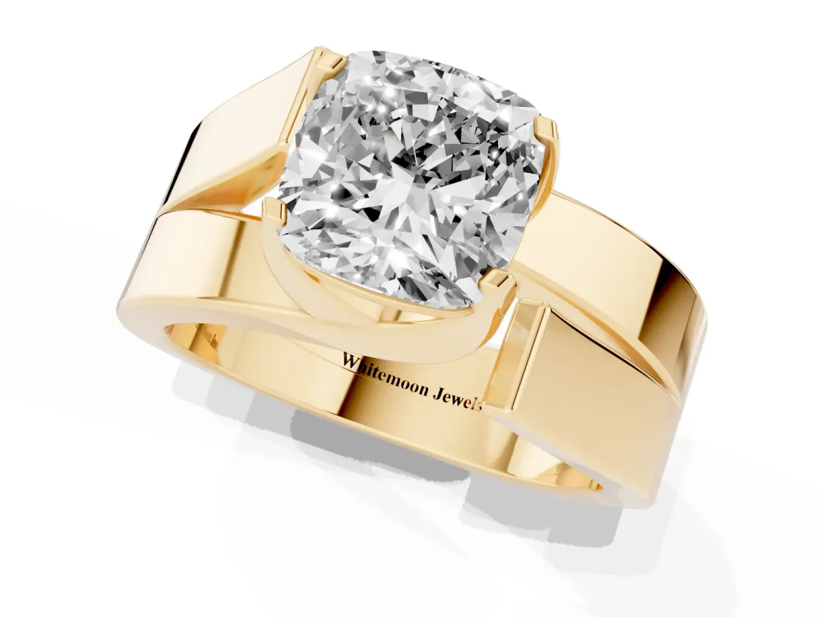Modern Tension Set Cushion Cut Diamond Solitaire Wide Band Ring Yellow gold