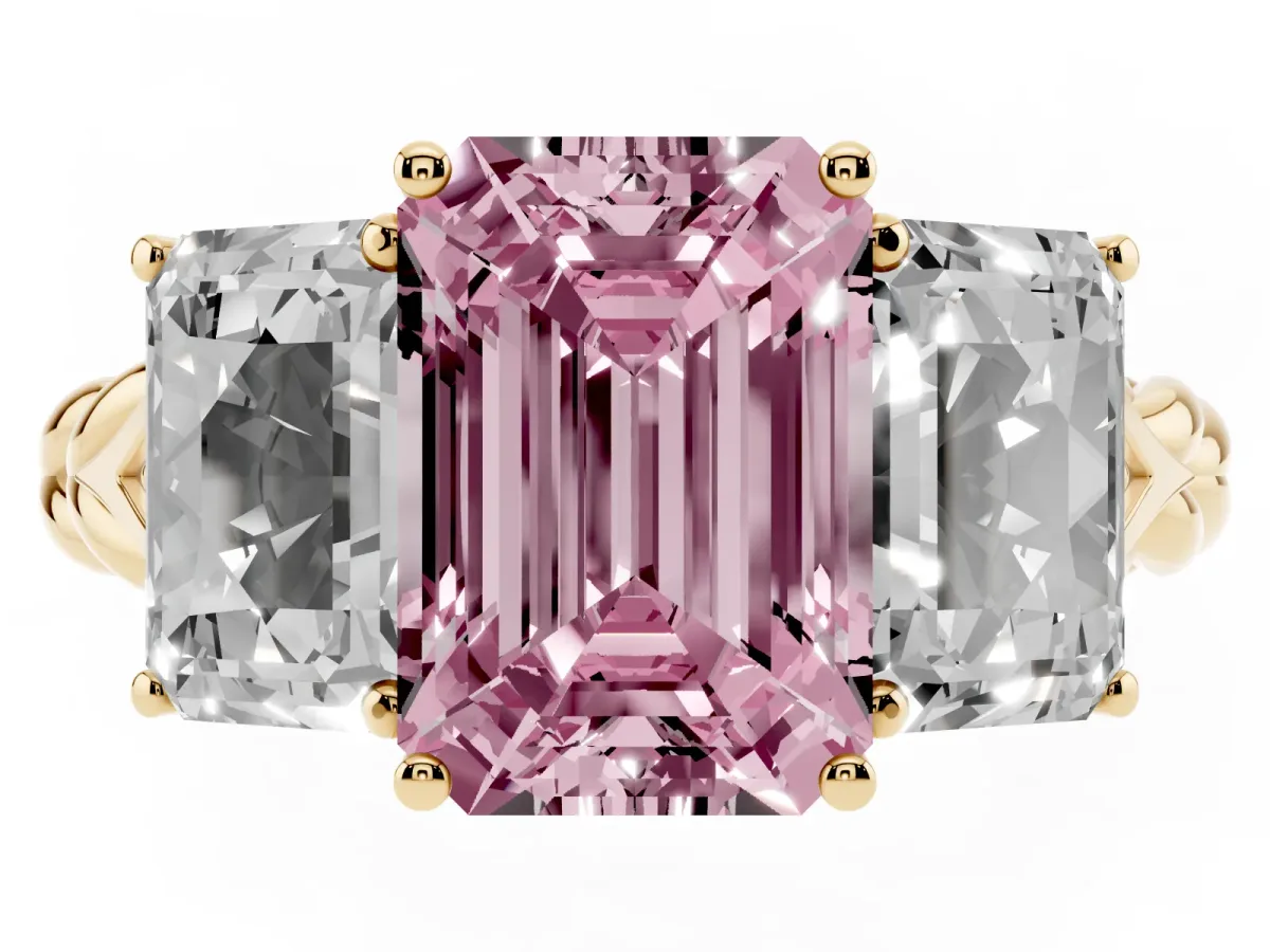 Fancy Pink Three-Stone Emerald Cut Diamond Braided Band Ring with Four-Prong Setting Yellow gold