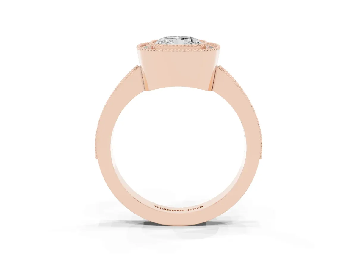 Cushion Cut-Cut Diamond Halo Engagement Ring with Pave Band and Prong Setting Rose gold
