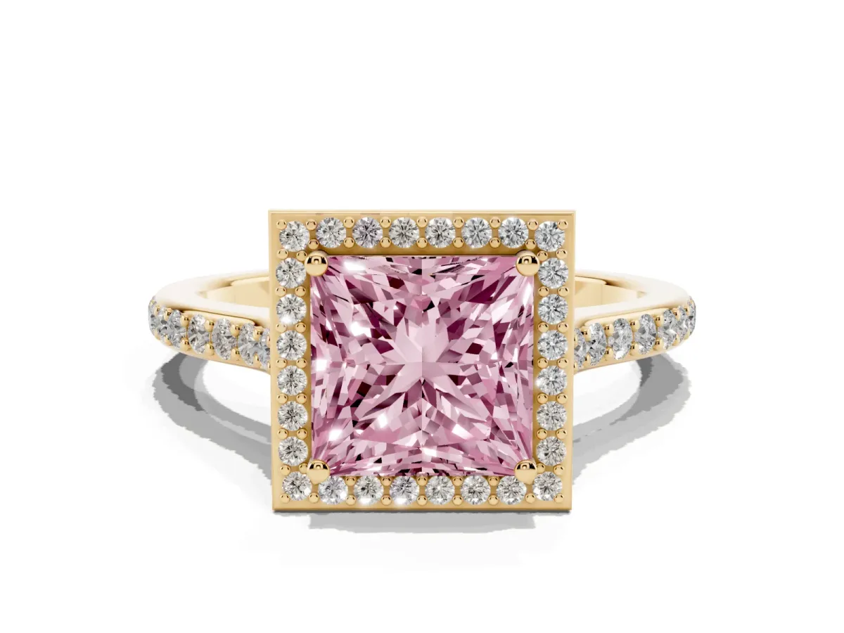 Fancy Pink Princess Cut Diamond Halo Engagement Ring with Round Pavé Shoulders and Prong Setting Yellow gold