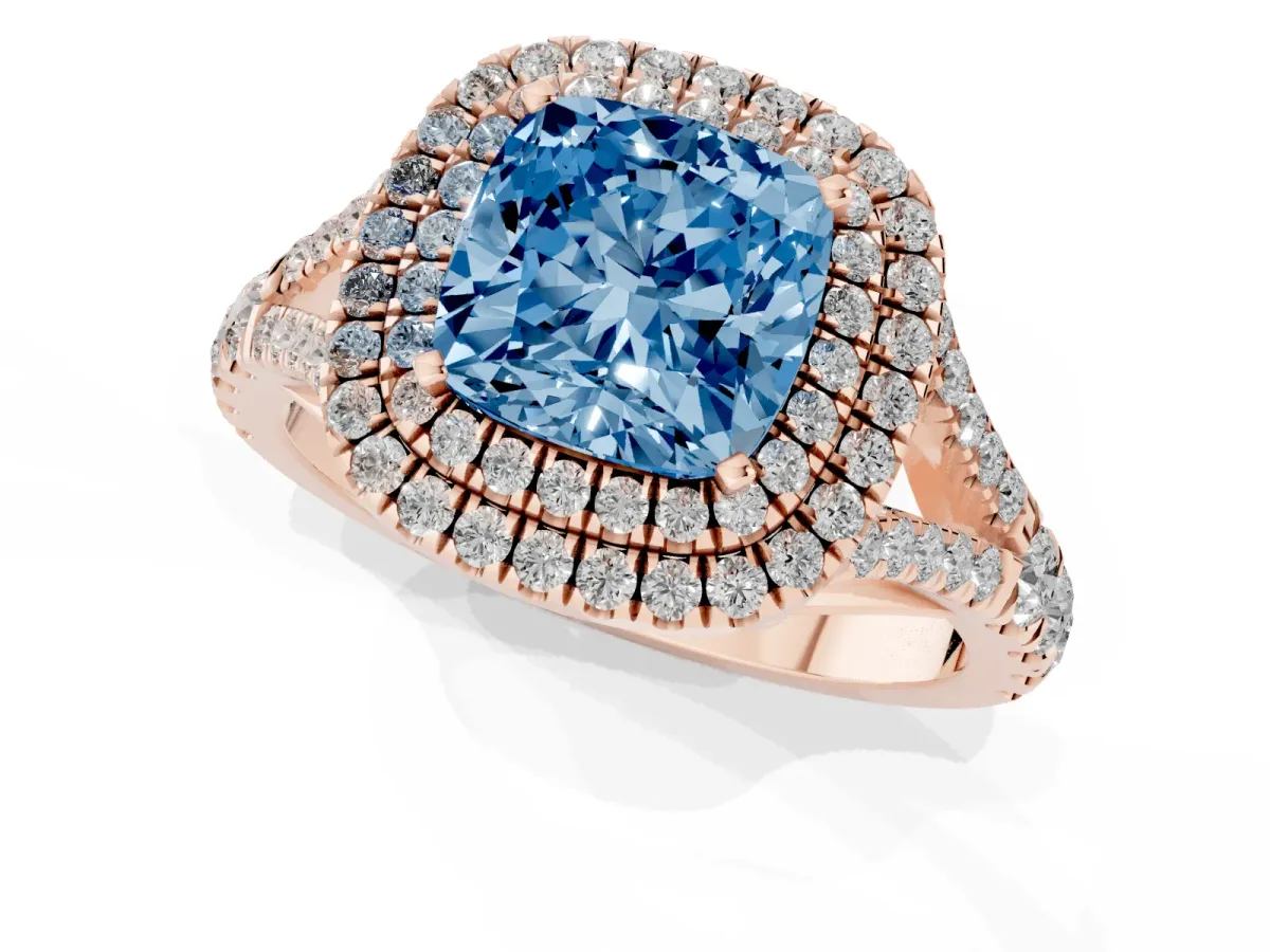 Fancy Blue Cushion Cut Diamond Pavé Split Shank Double Halo Engagement Ring Rose gold