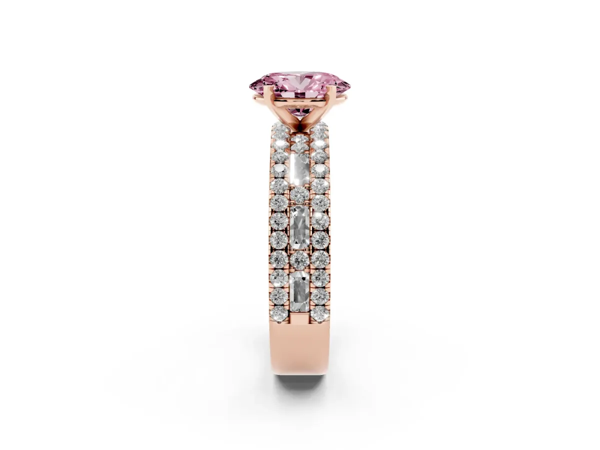 Fancy Pink Oval Cut Diamond Solitaire Ring with Pavé and Channel Set Band Rose gold