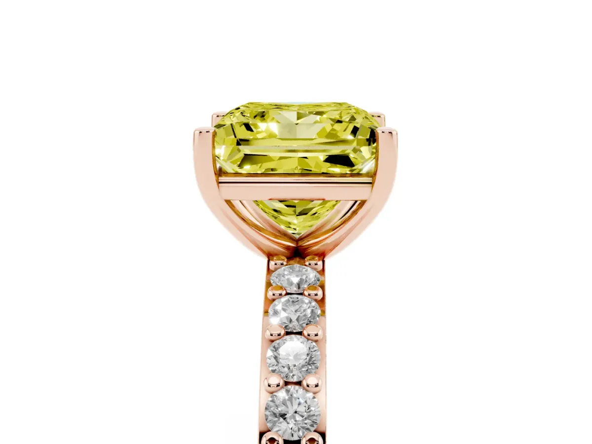 Fancy Yellow Princess Cut Cut Diamond Solitaire with Pave Band and Four-Prong Setting Rose gold
