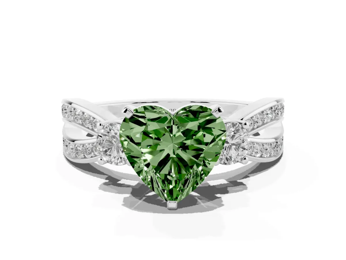 Fancy Green Three-Stone Heart Cut Cut Diamond Twist Band with Prong Setting Silver