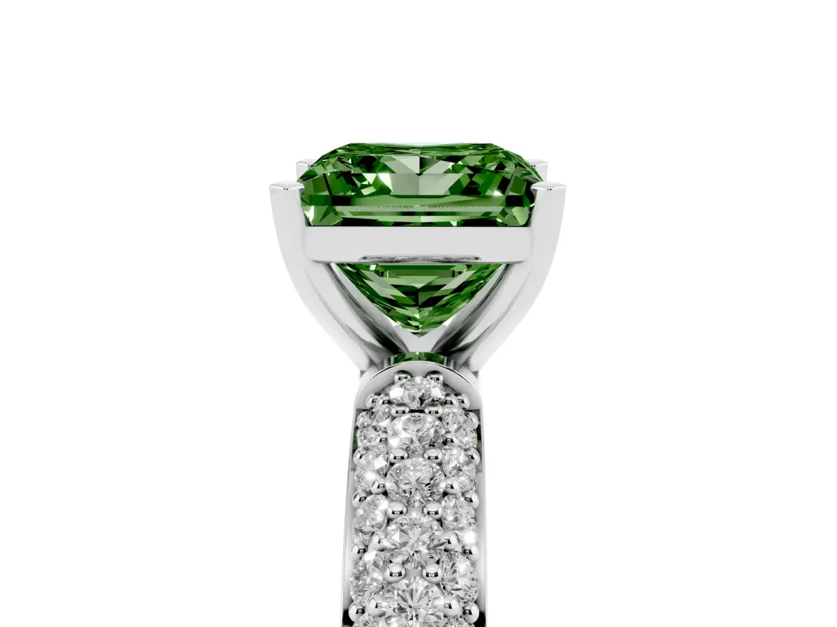 Fancy Green Princess Cut Diamond Solitaire Ring with Prong Setting and Pavé Band Silver
