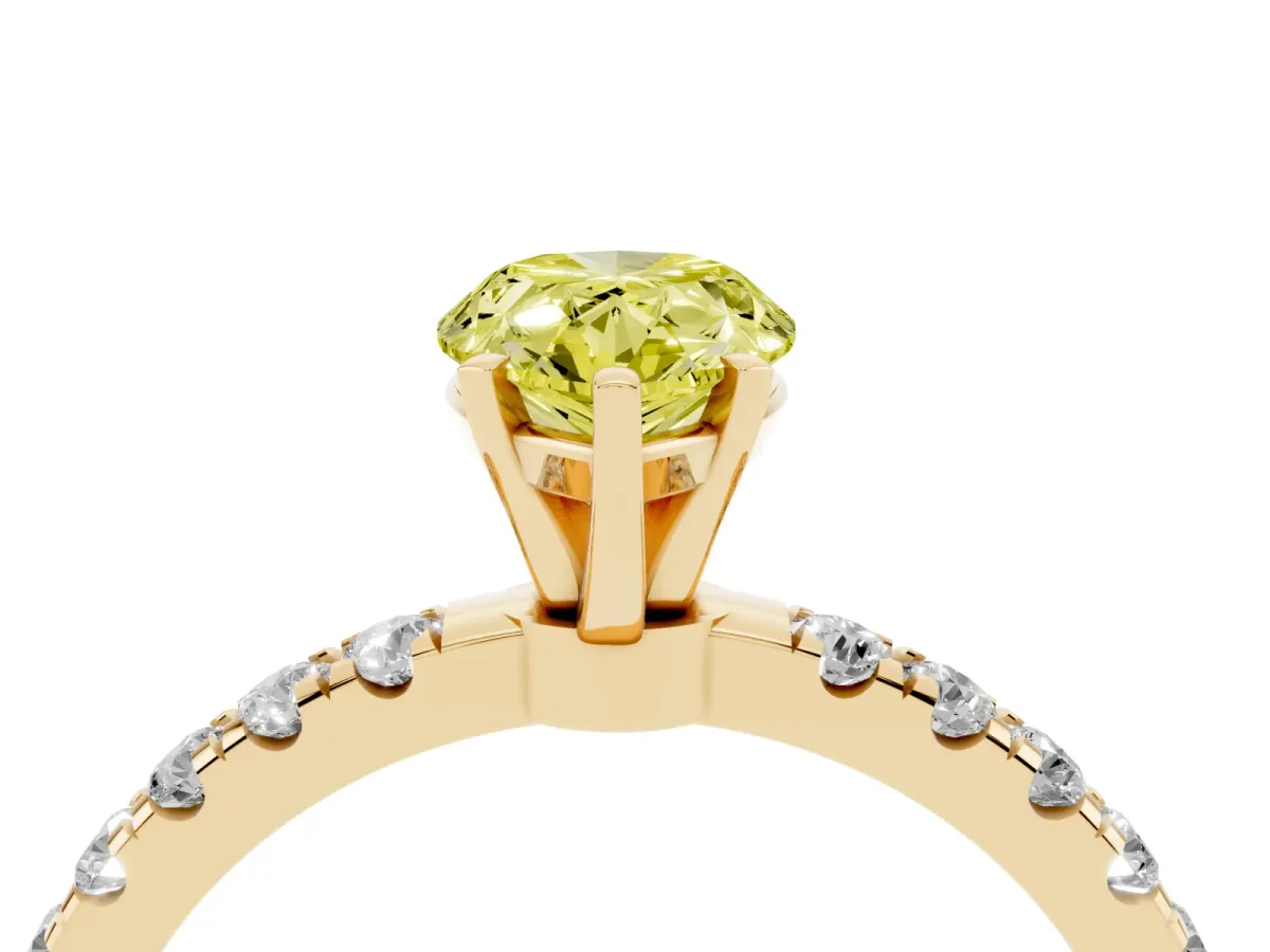 Fancy Yellow Pear Cut Diamond Solitaire Ring with Pavé Accents and Four-Prong Setting Yellow gold