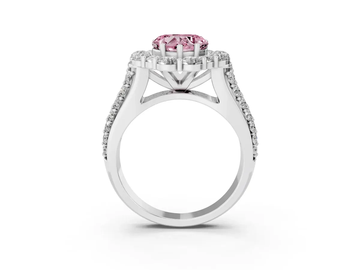 Fancy Pink Heart Cut Halo Diamond Engagement Ring with Split Shank and Prong Setting Silver