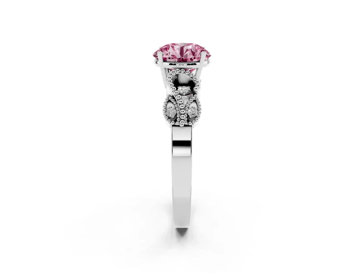 Fancy Pink Round Cut Solitaire Milgrain Leaf Band with Prong Setting Silver