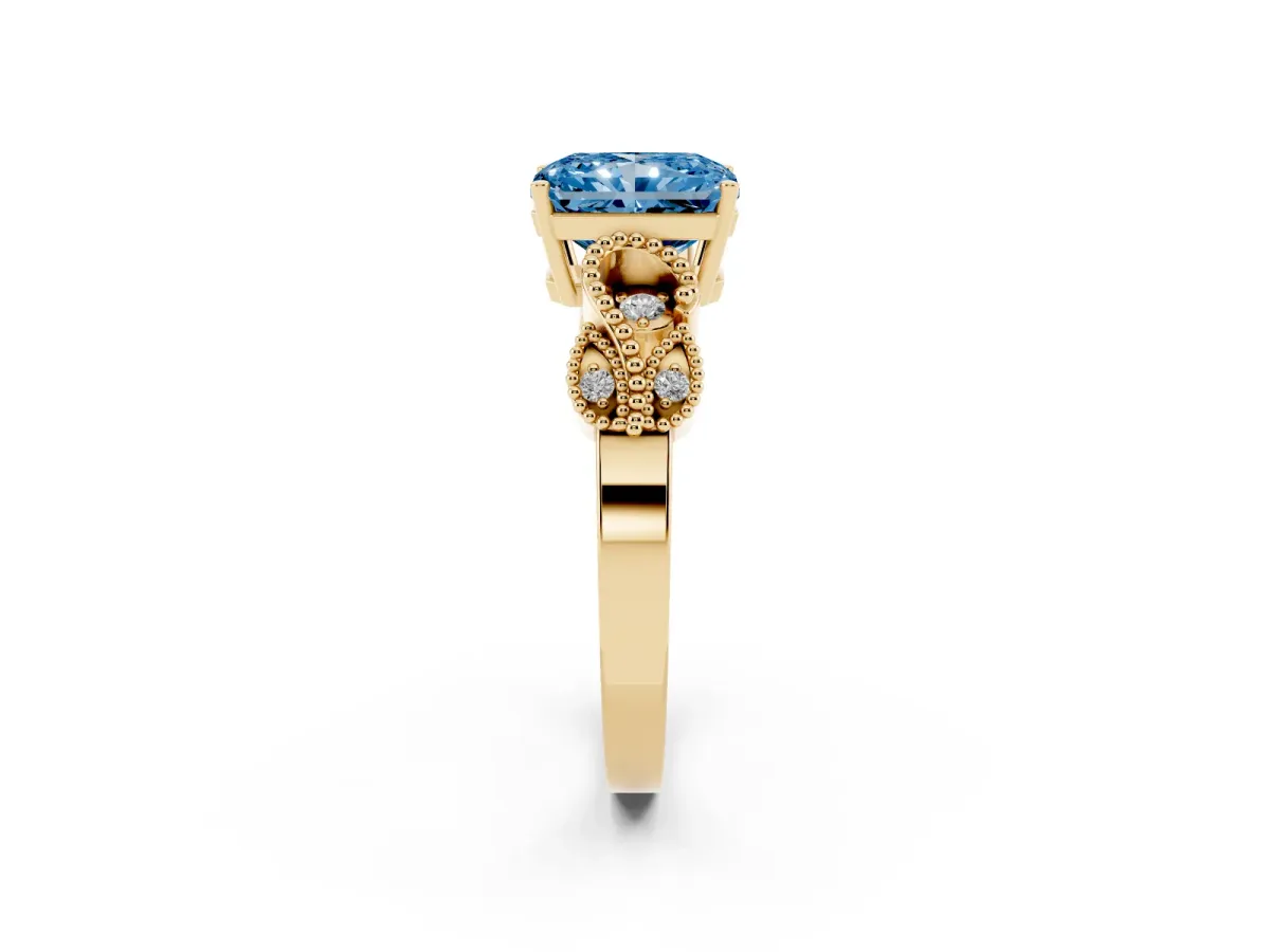 Fancy Blue Radiant Cut Solitaire Milgrain Leaf Band with Prong Setting Yellow gold