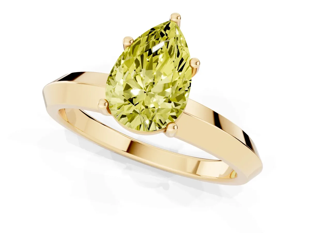 Fancy Yellow Pear Cut Cut Solitaire Engagement Ring with Flat Band and Four-Prong Setting Yellow gold