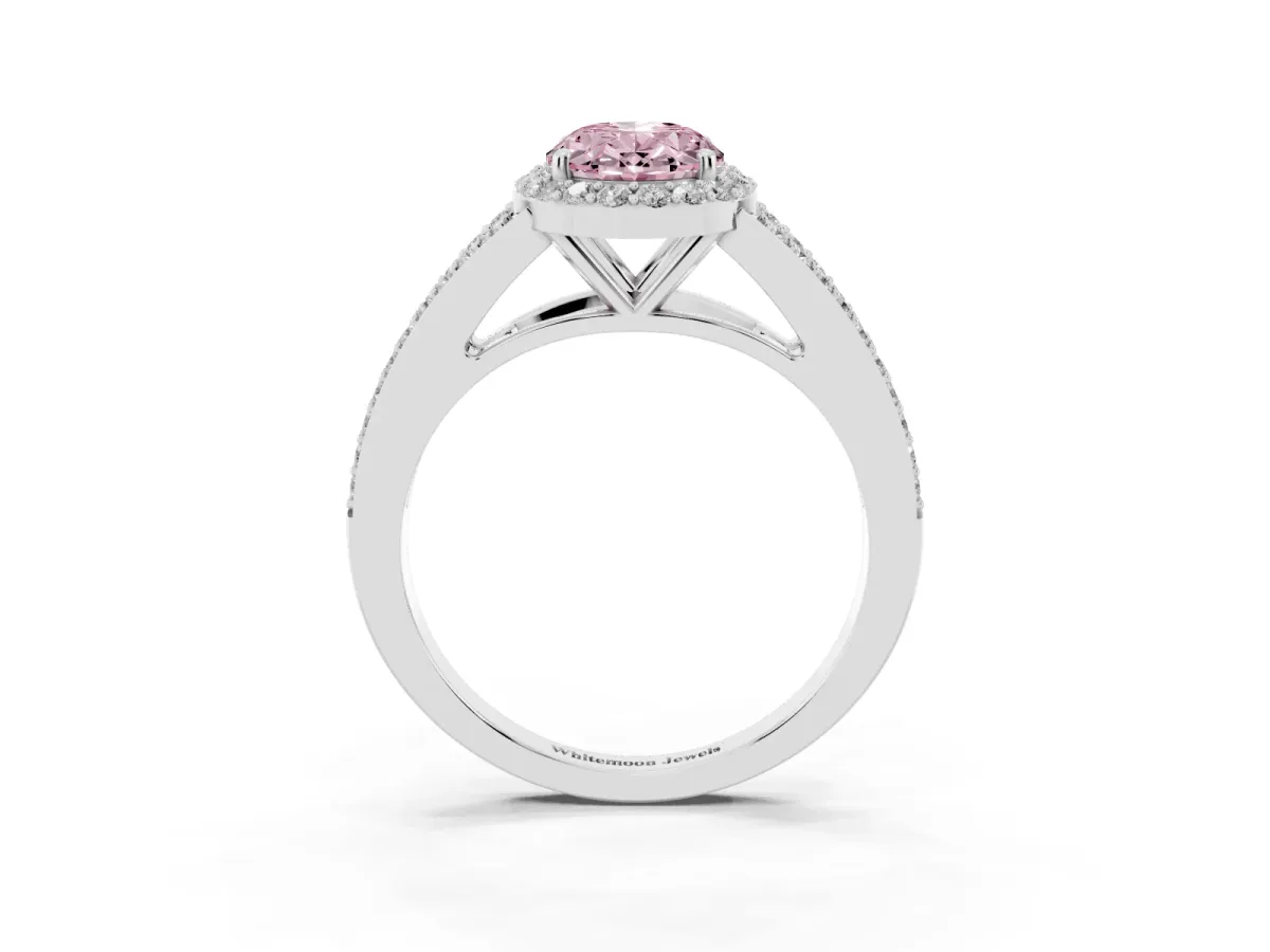 Fancy Pink Oval Cut Halo Split Shank Pave Diamond Ring with Four-Prong Setting White gold