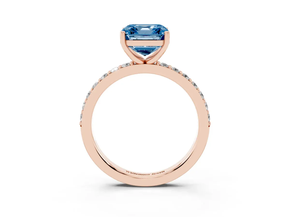 Fancy Blue Asscher Cut Cut Diamond Solitaire with Pave Band and Four-Prong Setting Rose gold