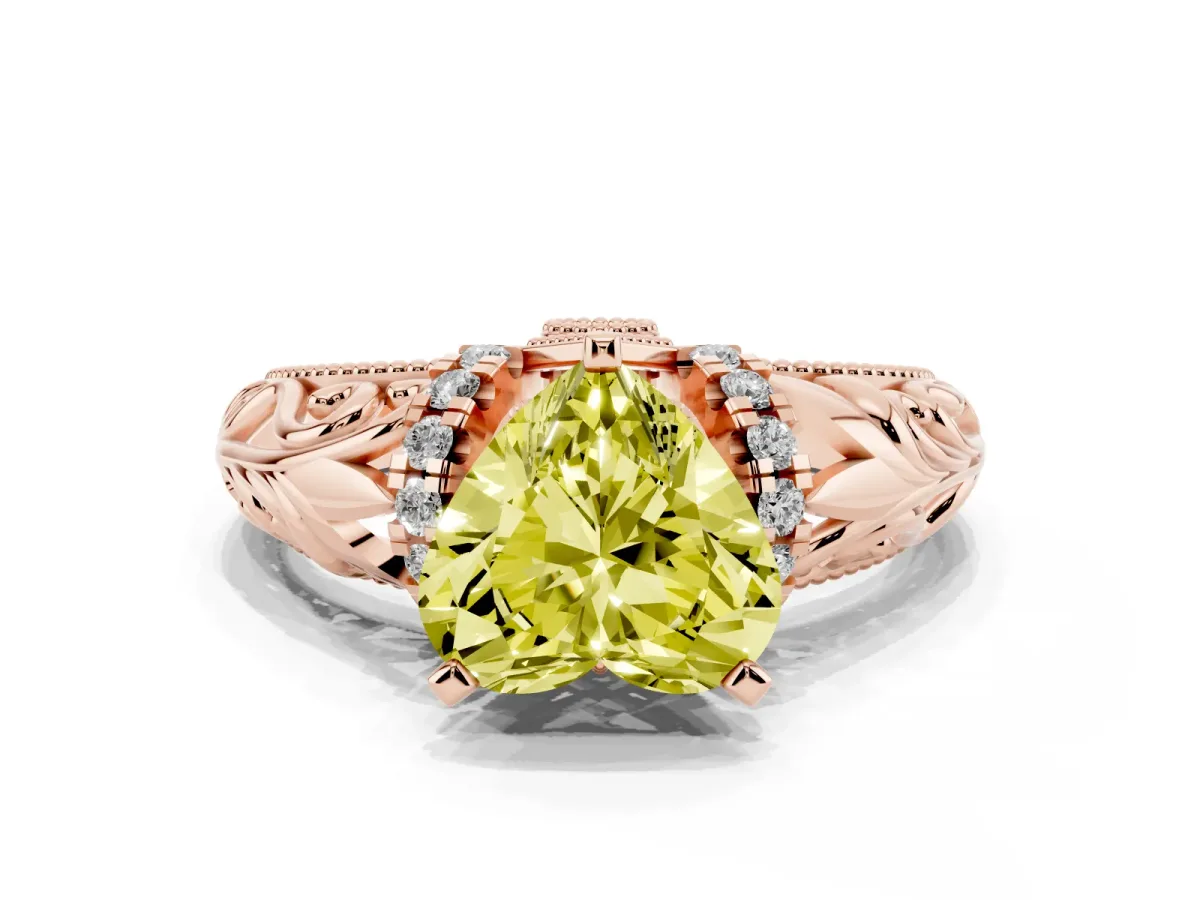 Fancy Yellow Heart Cut Solitaire Filigree Engagement Ring with Halo and Prong Setting Rose gold