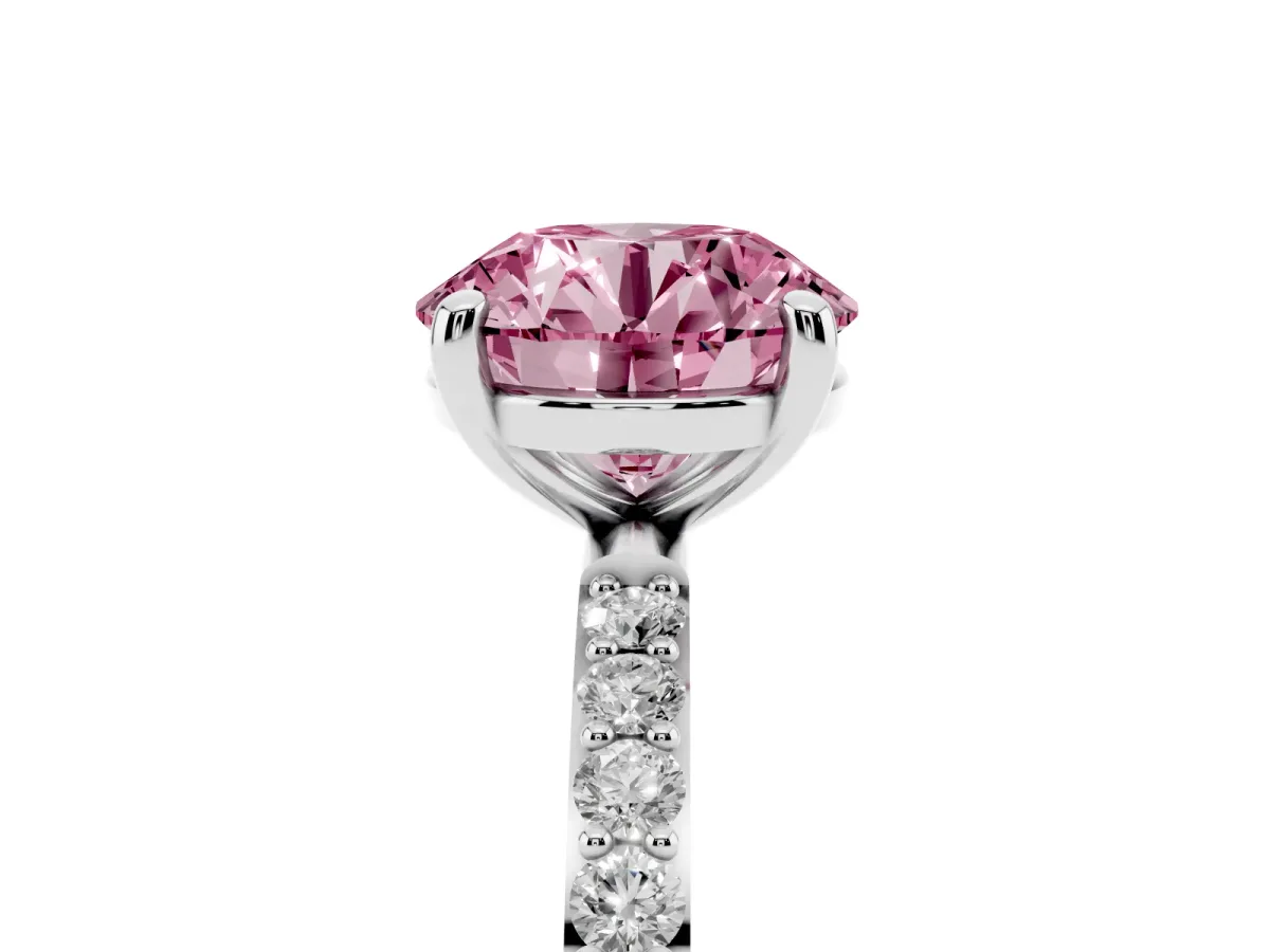 Fancy Pink Round Cut Diamond Solitaire Ring with Round Pavé Band and Prong Setting Silver