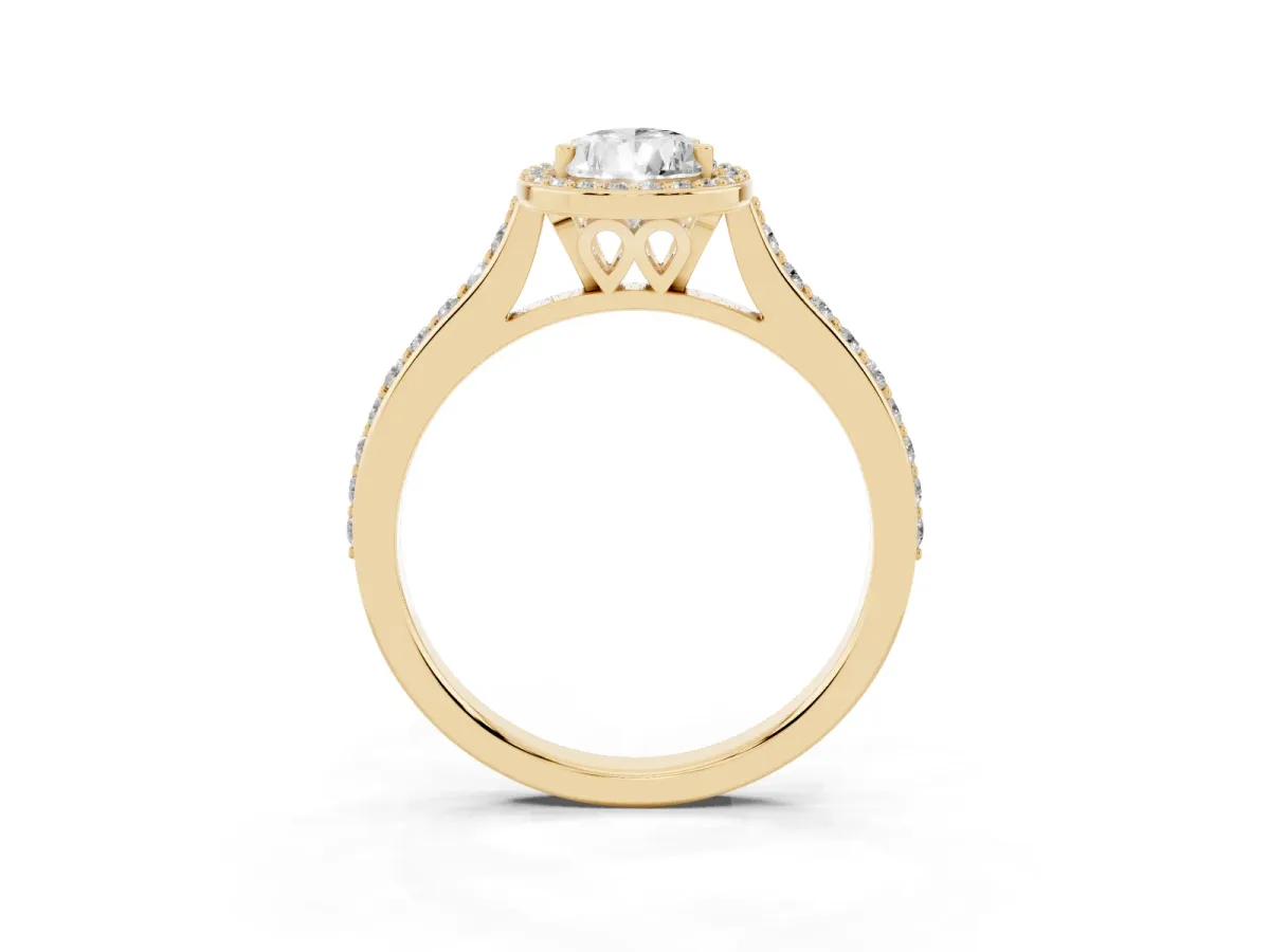 Pear Cut Diamond Halo Engagement Ring with Round Pavé Shoulders and Prong Setting Yellow gold