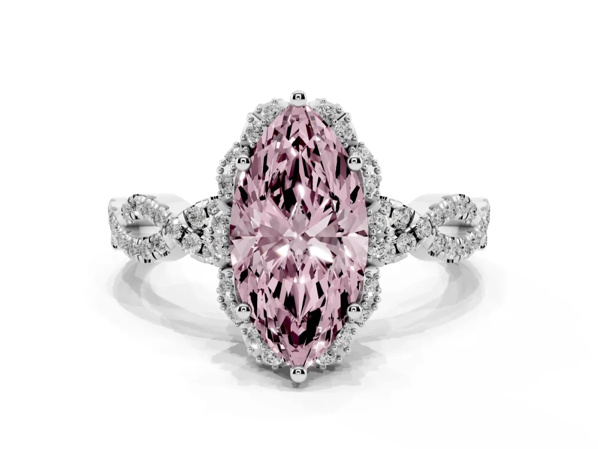 Fancy Pink Marquise Cut Halo Twist Band Solitaire Ring with Six-Prong Setting Silver