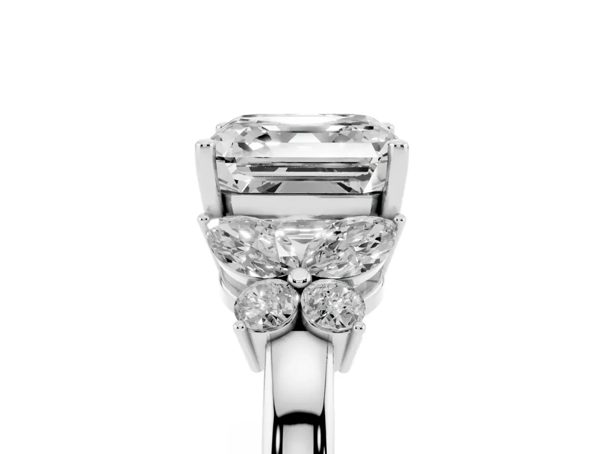 Asscher Cut Cut Solitaire Floral Diamond Ring with Four-Prong Setting Silver