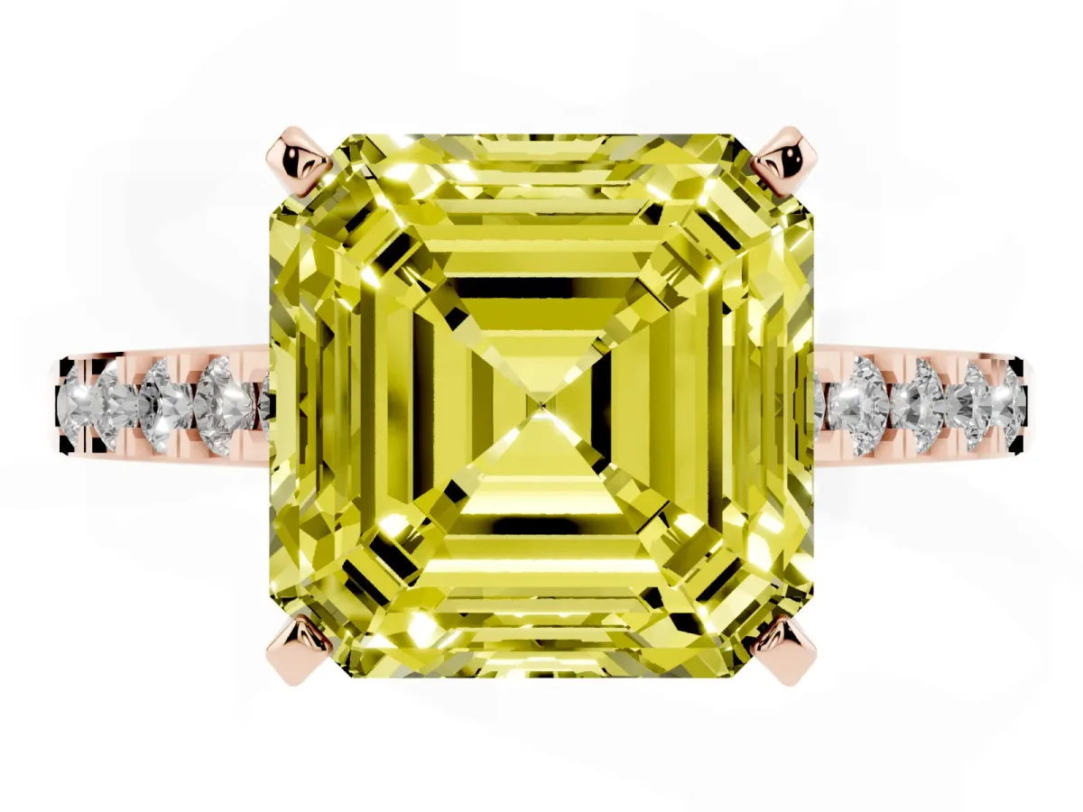 Fancy Yellow Asscher Cut Diamond Solitaire Ring with Crossover Gallery and Round Pavé Band Rose gold