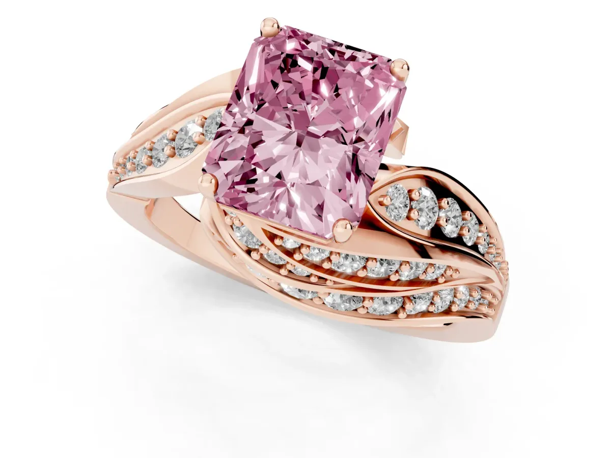 Fancy Pink Radiant Cut Diamond Solitaire Ring with Prong Setting and Twisted Pavé Band Rose gold