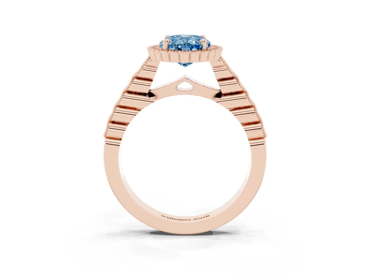 Fancy Blue Oval Cut Cut Halo Pavé Solitaire Ring with Milgrain Band Rose gold