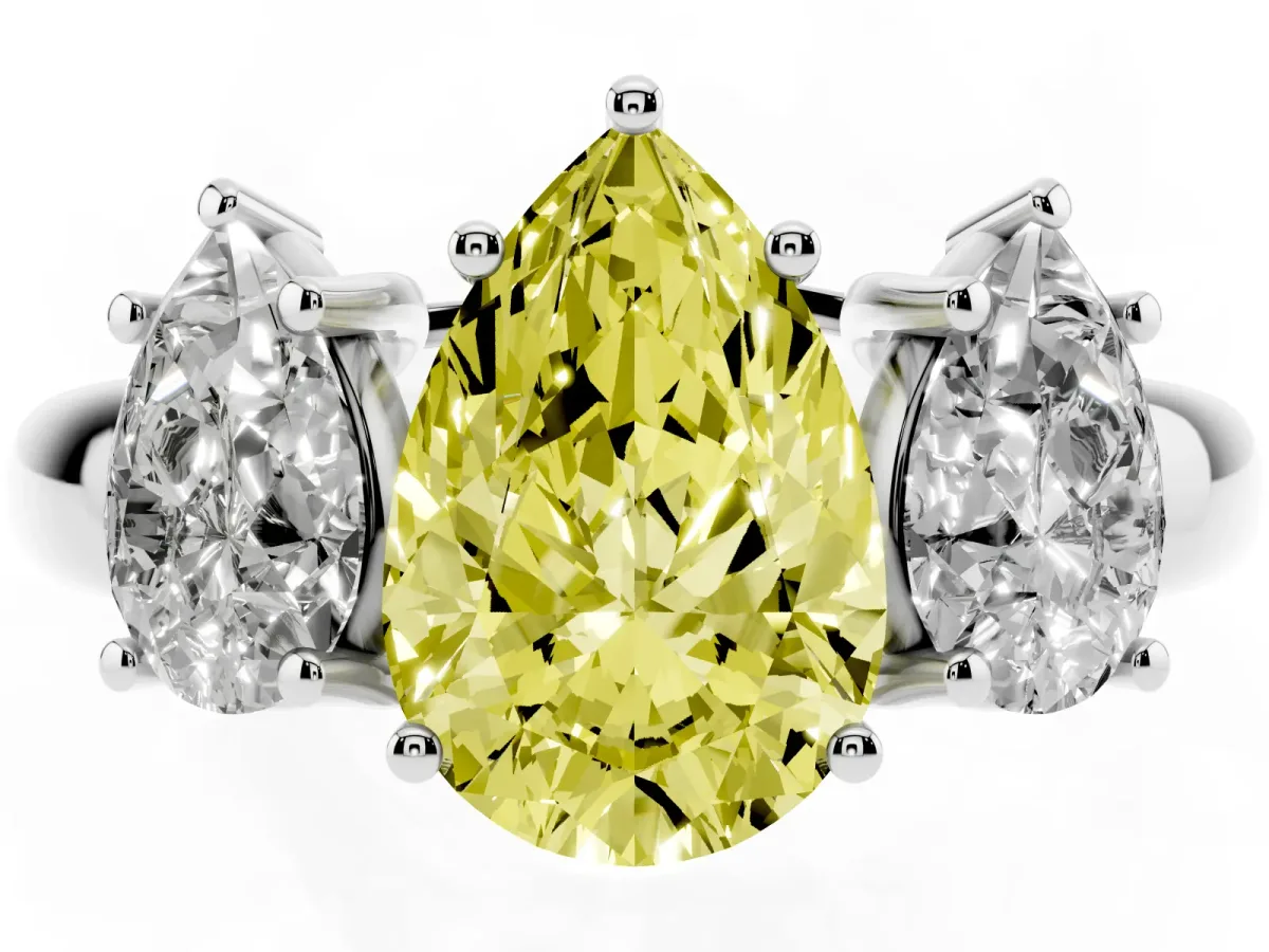 Fancy Yellow Three-Stone Pear Cut Diamond Engagement Ring with Prong Setting Platinum