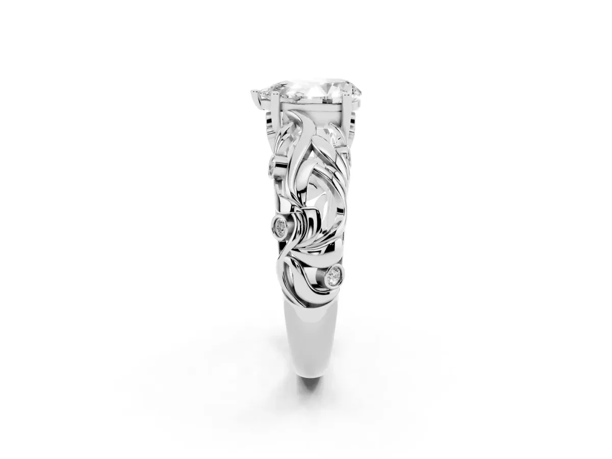 Pear Cut Solitaire Diamond Leaf-Inspired Vine Band Ring with Prong Setting Silver