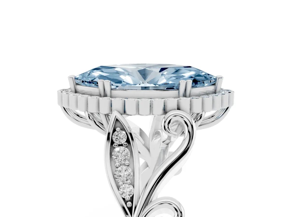 Fancy Blue Marquise Cut Diamond Halo Ring with Vintage Split Shank and Four-Prong Setting Silver