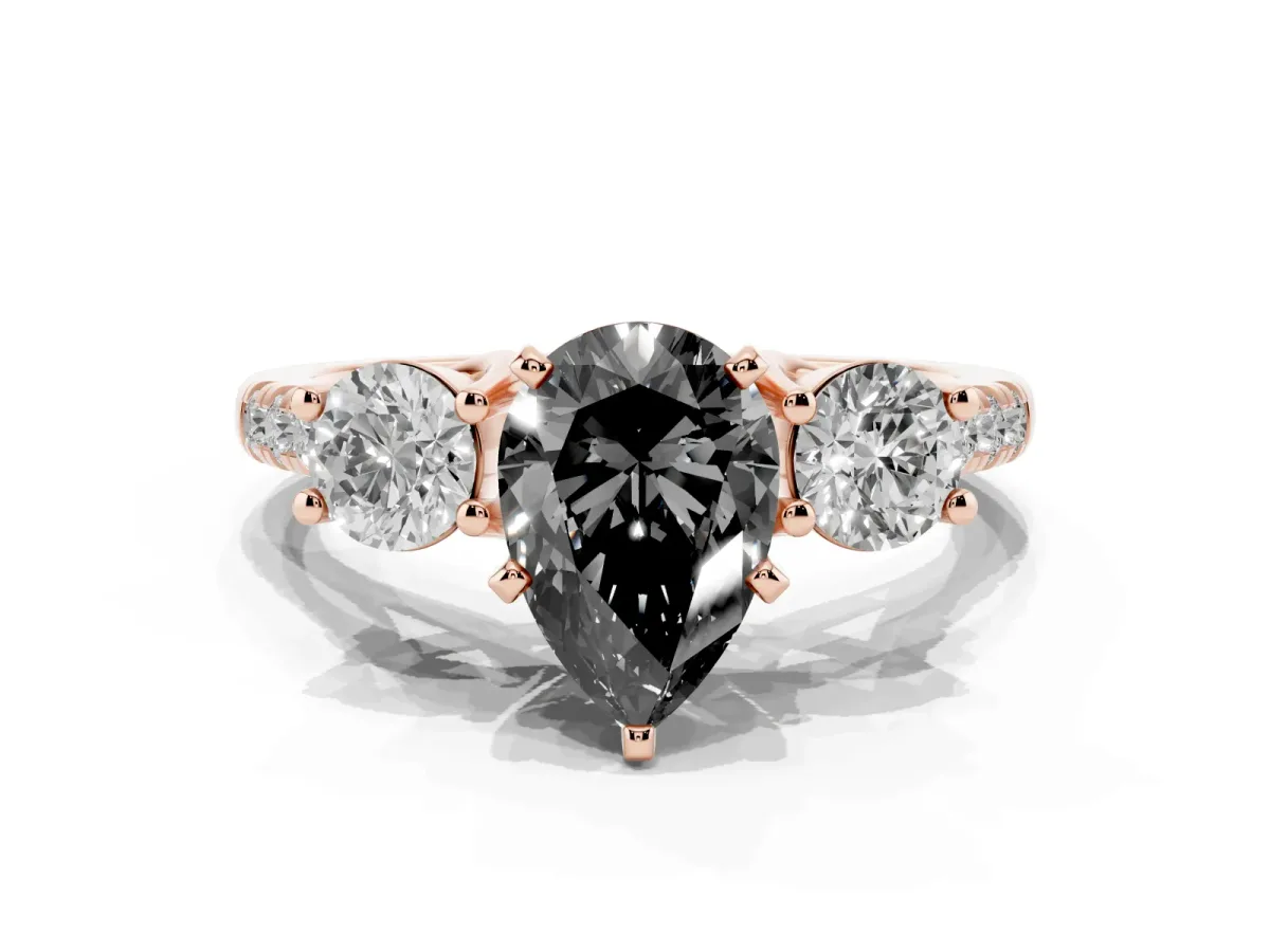 Fancy Black Three-Stone Pear Cut Diamond Pavé Band with Four-Prong Setting Rose gold