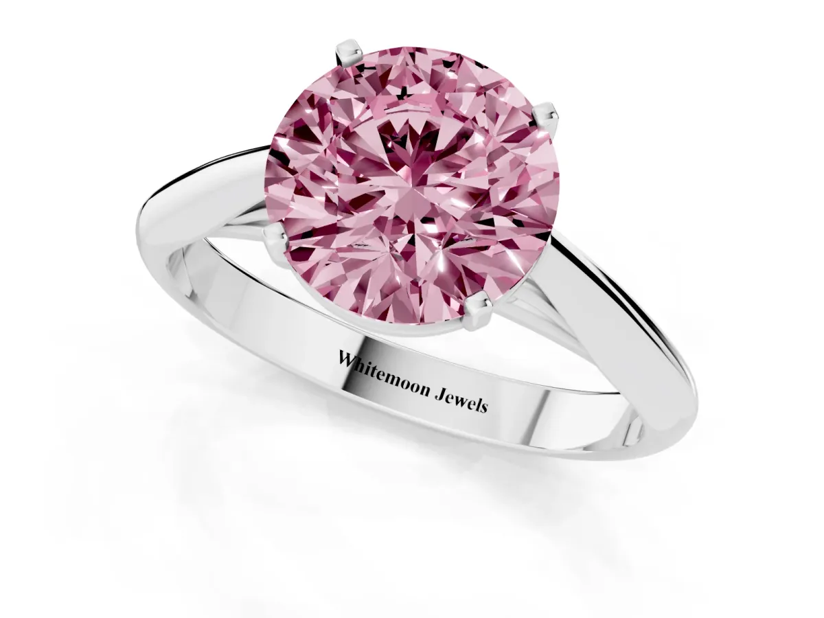 Fancy Pink Round Cut Diamond Solitaire Engagement Ring with Cathedral Setting and Four-Prong Mount Silver