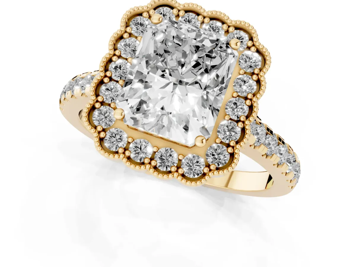 Radiant Cut Cut Diamond Milgrain Floral Halo Engagement Ring with Pavé Band Yellow gold