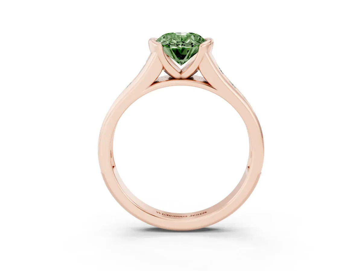 Fancy Green Oval Cut Solitaire Bezel-Set Diamond Ring with Channel-Set Band Rose gold