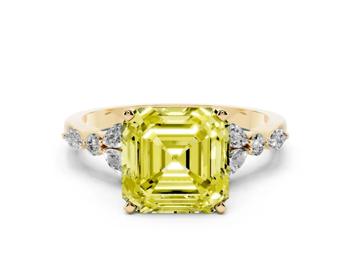Fancy Yellow Asscher Cut Diamond Solitaire Ring with Side Stones and Four-Prong Setting Yellow gold