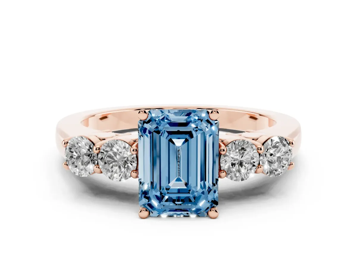 Fancy Blue Emerald Cut Cut Diamond Five-Stone Prong Set White Gold Ring Rose gold